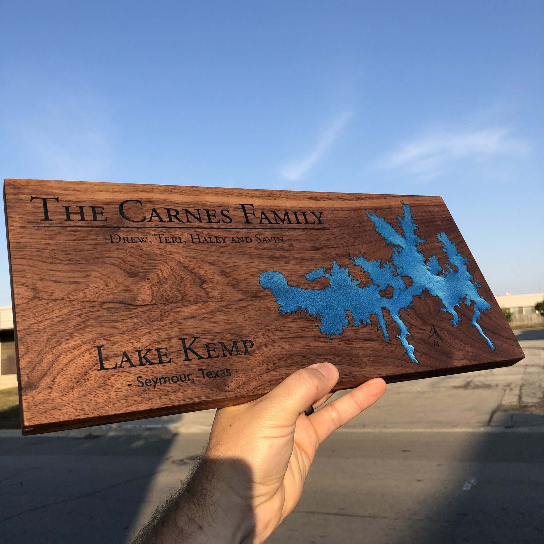 Detailed Custom Designed Lake Board with Lake Kemp and Blue Epoxy by Keyway Designs