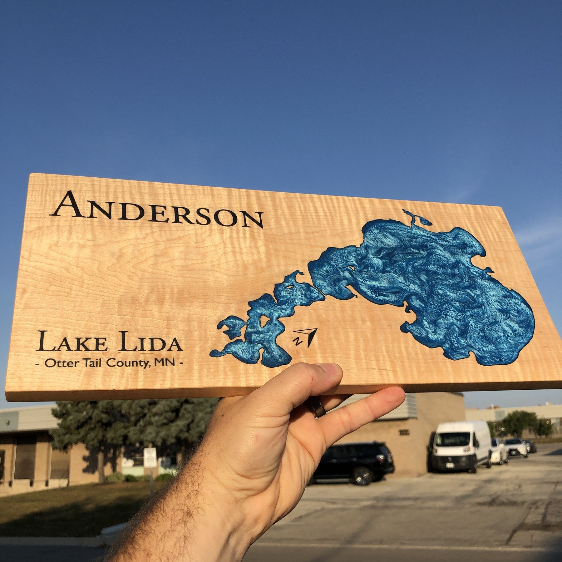 Custom Lake Art featuring Lake Lida on Curly Maple with Blue Epoxy by Keyway Designs