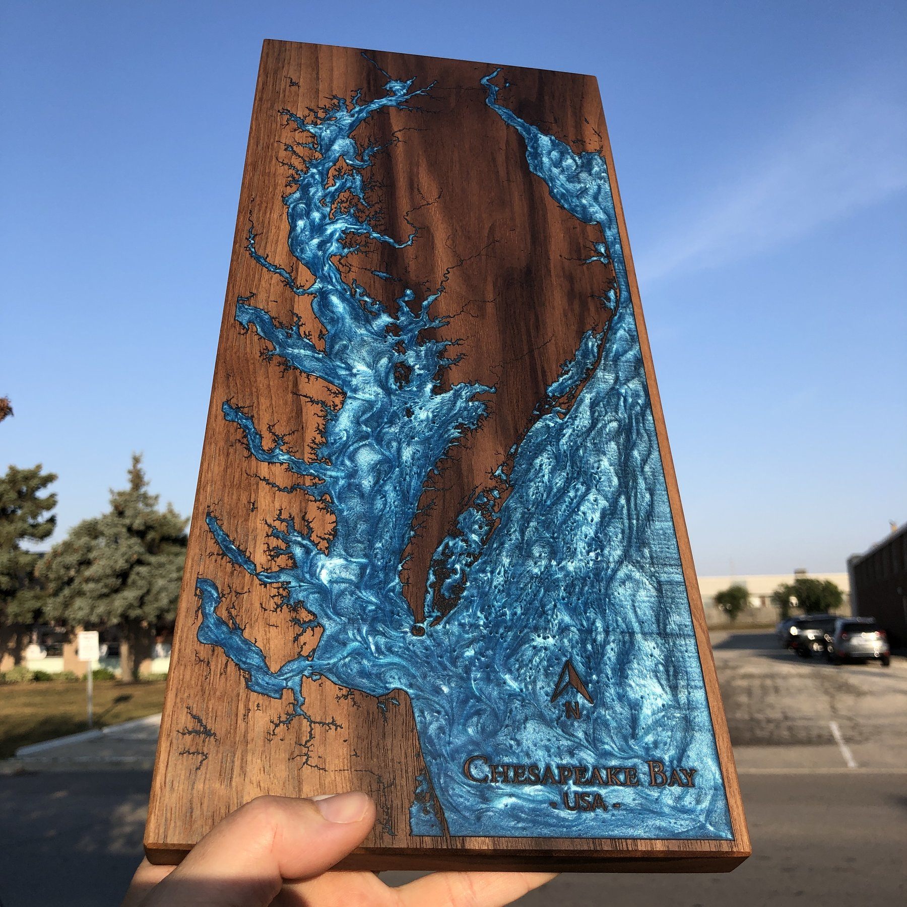 Detailed Laser Engraved Coastline wall Art using Walnut and Blue Epoxy by Keyway Designs