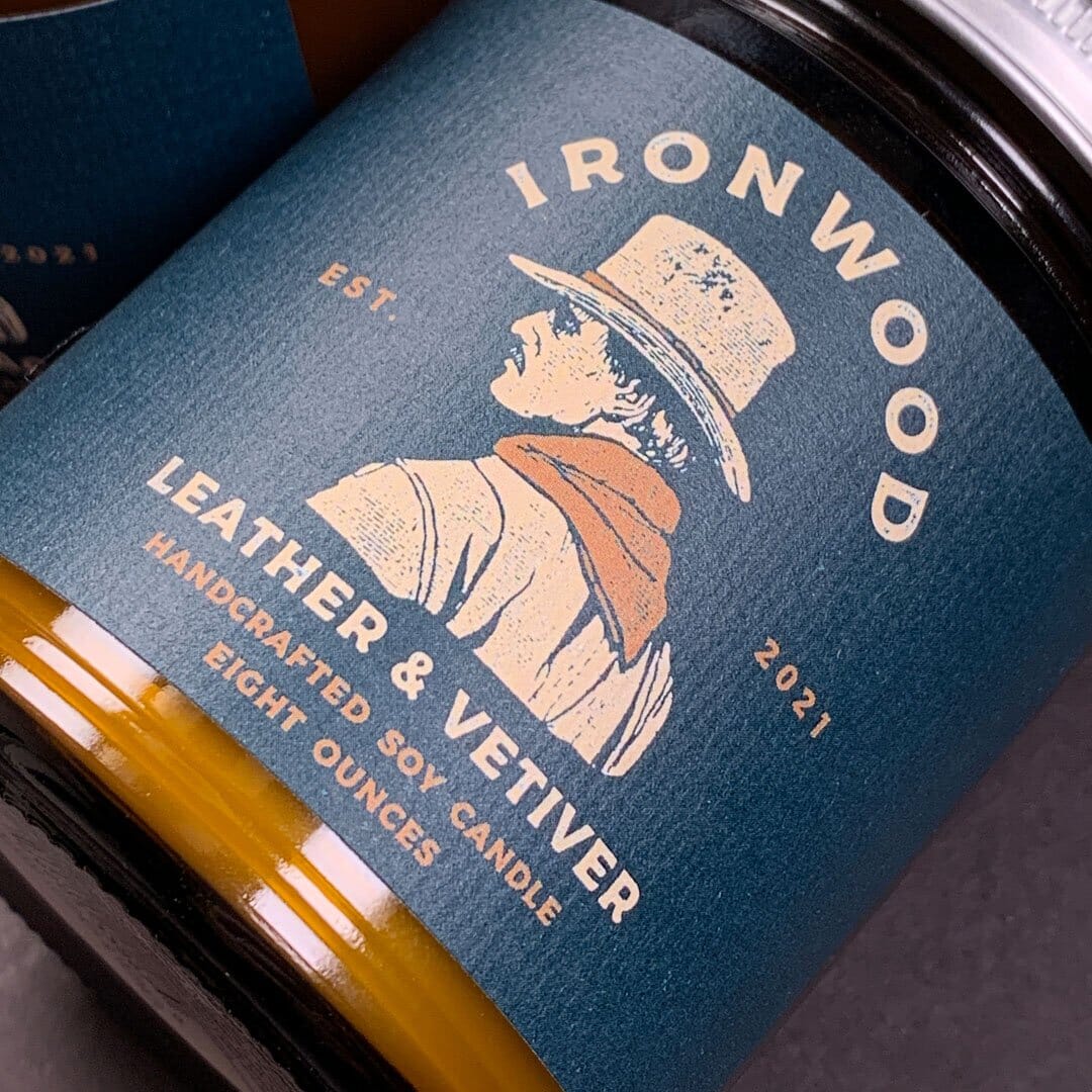 Ironwood - Leather & Vetiver - Soy Handle Detailed Label