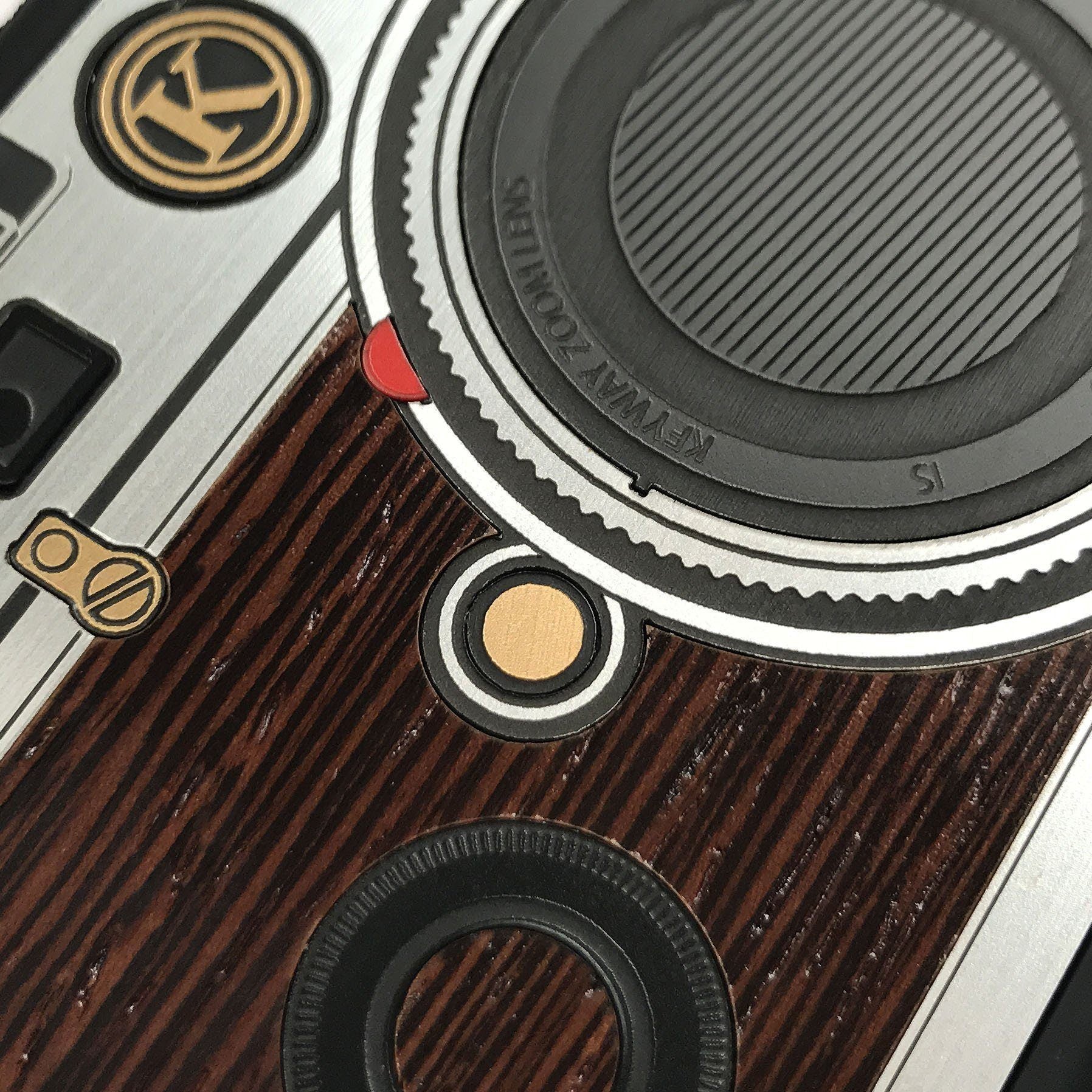 Zoomed in detailed shot of the classic Camera, silver metallic and wood iPhone 11 Case by Keyway Designs
