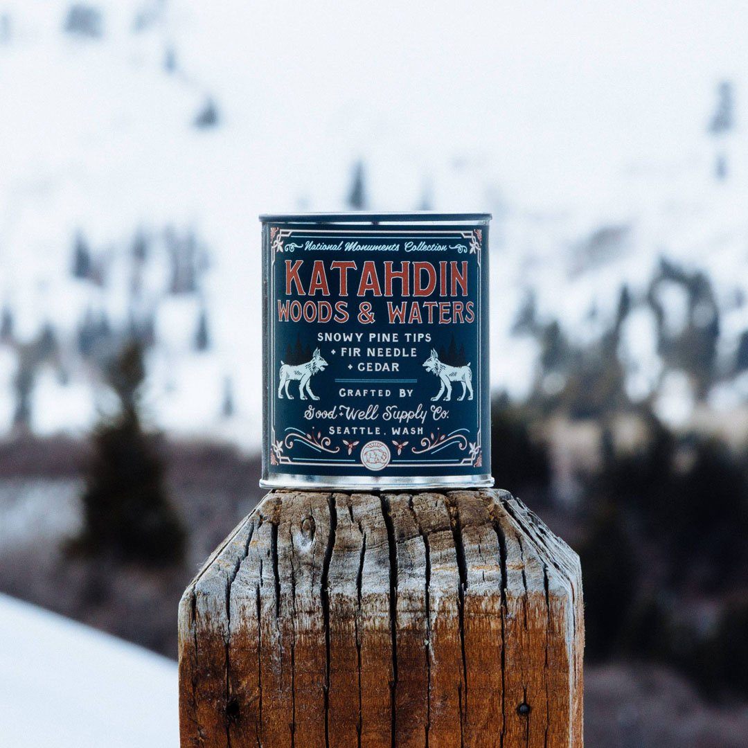 The Katahdin Woods & Waters National Monument Candle from Good & Well Supply Co. in the Wild.