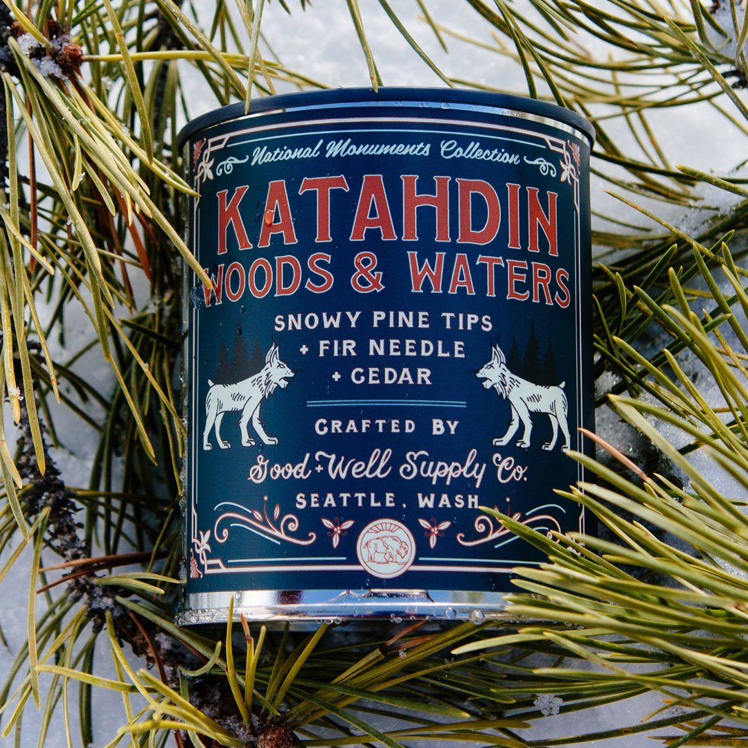 The Katahdin Woods & Waters National Monument Candle from Good & Well Supply Co. in the Wild.