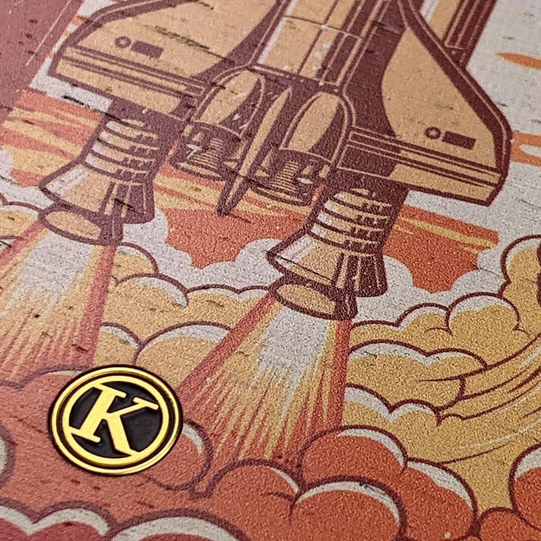 Zoomed in detailed shot of the vibrant stylized space shuttle launch print on Wenge wood Galaxy S10e Case by Keyway Designs