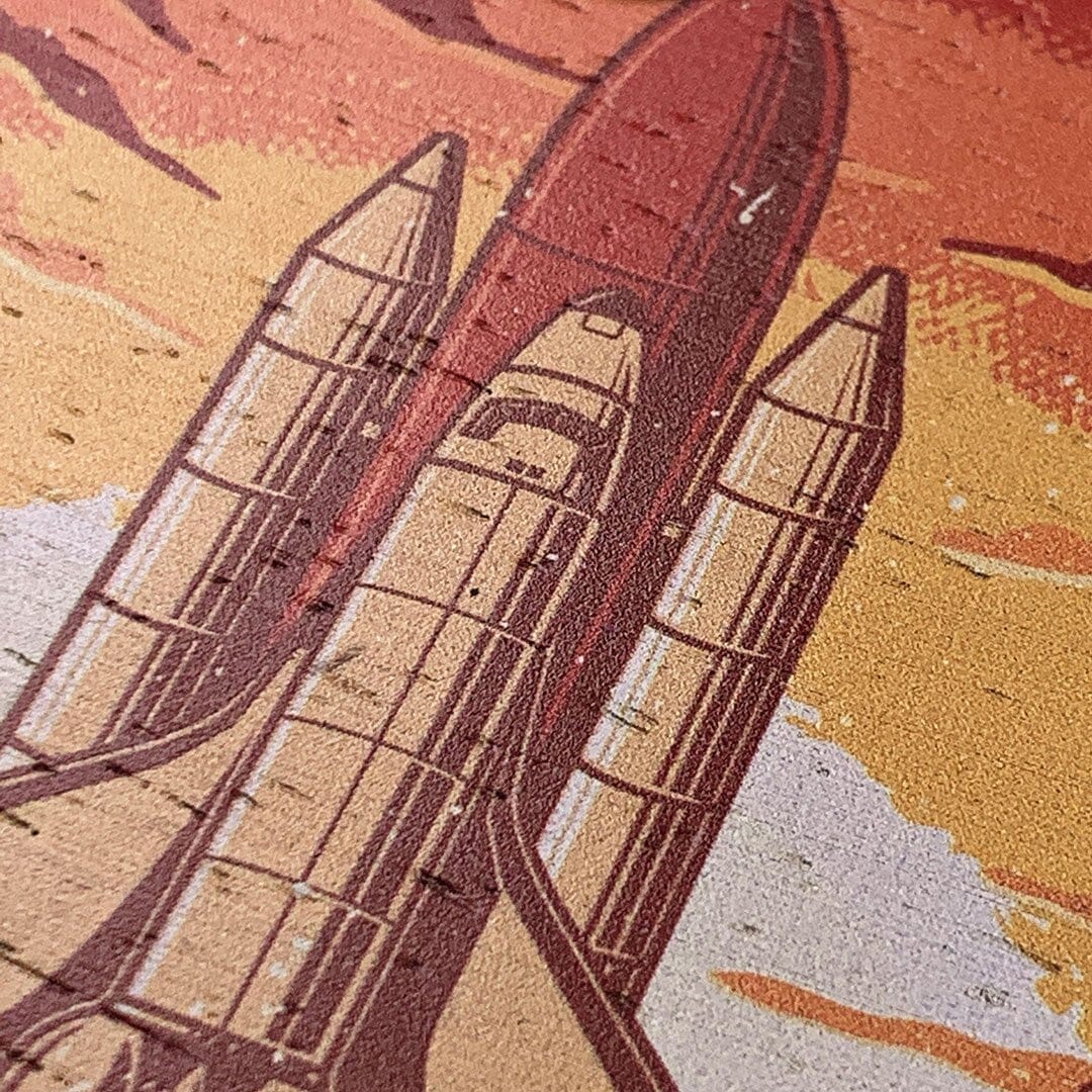 Zoomed in detailed shot of the vibrant stylized space shuttle launch print on Wenge wood Galaxy Note 20 Ultra Case by Keyway Designs