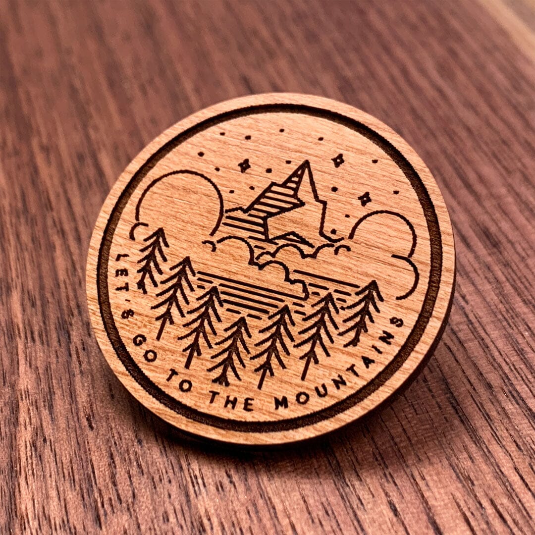Let's Go - Keyway Engraved Wooden Pin in Cherry, Zoomed in View
