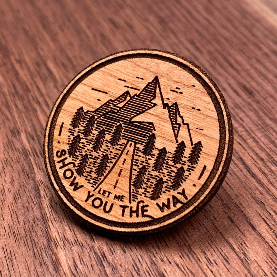 Let Me Show You the Way - Keyway Engraved Wooden Pin in Cherry, Zoomed in View