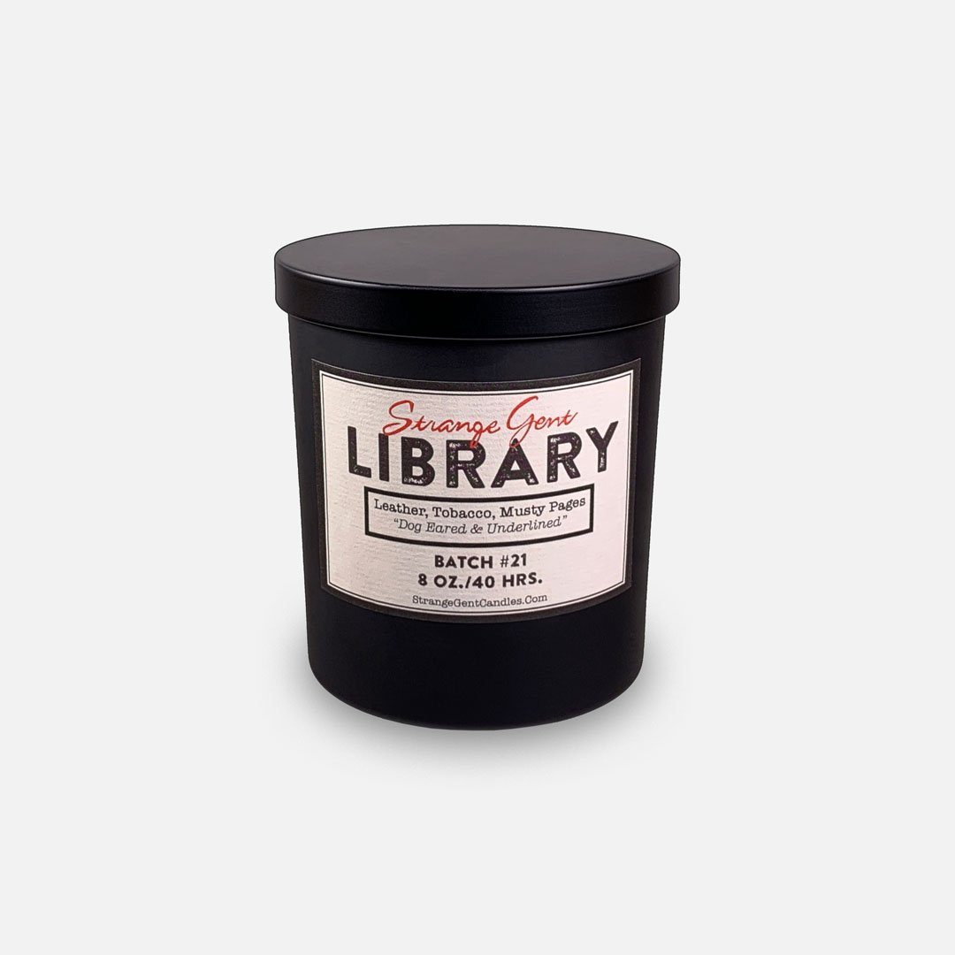 Strange Gent - Library 8oz Soy Wax Jar Candle, Made in LA, California. Header Shot