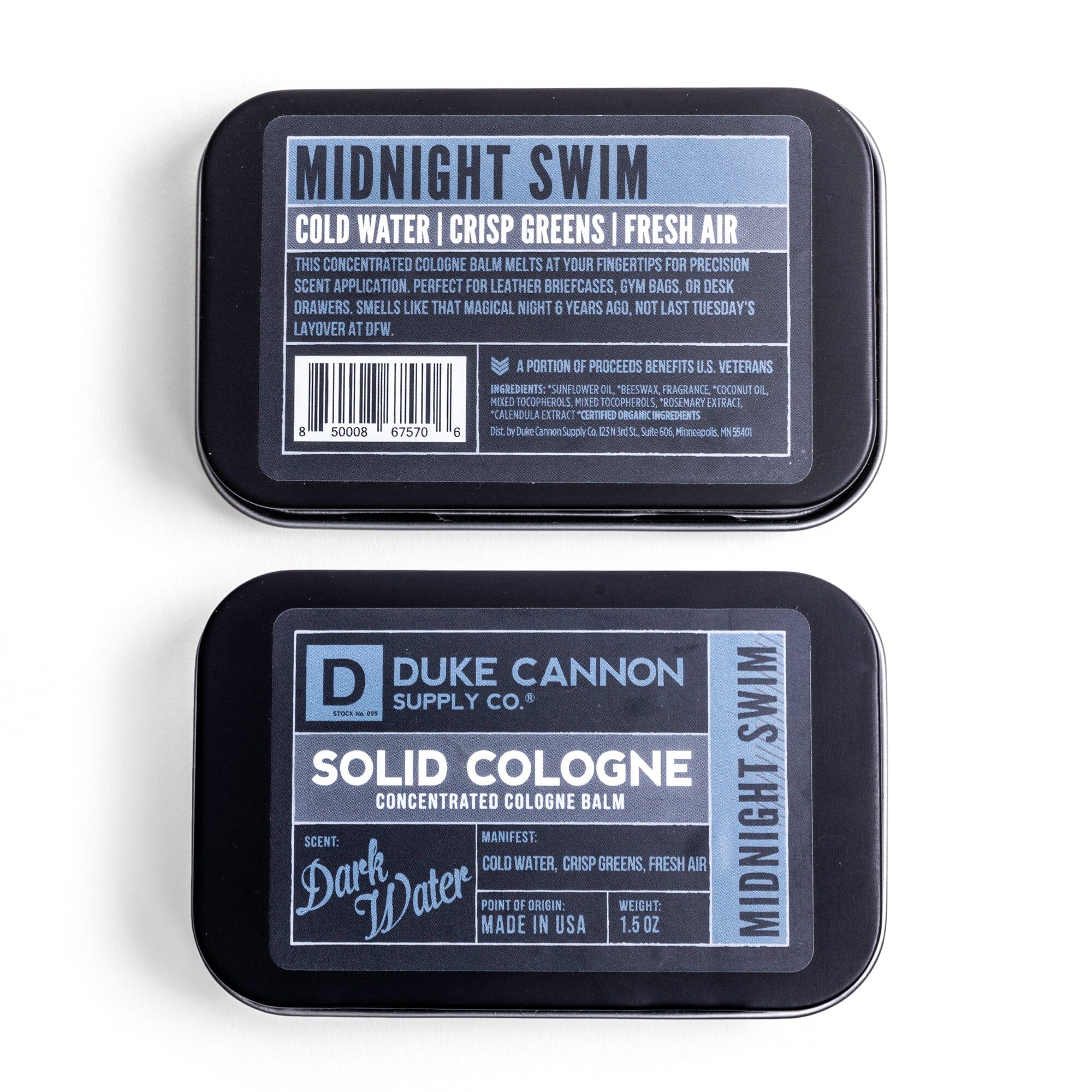 Top Label of Duke Cannon Midnight Swim Men's Solid Cologne in Metal Tin 1.5oz | Keyway