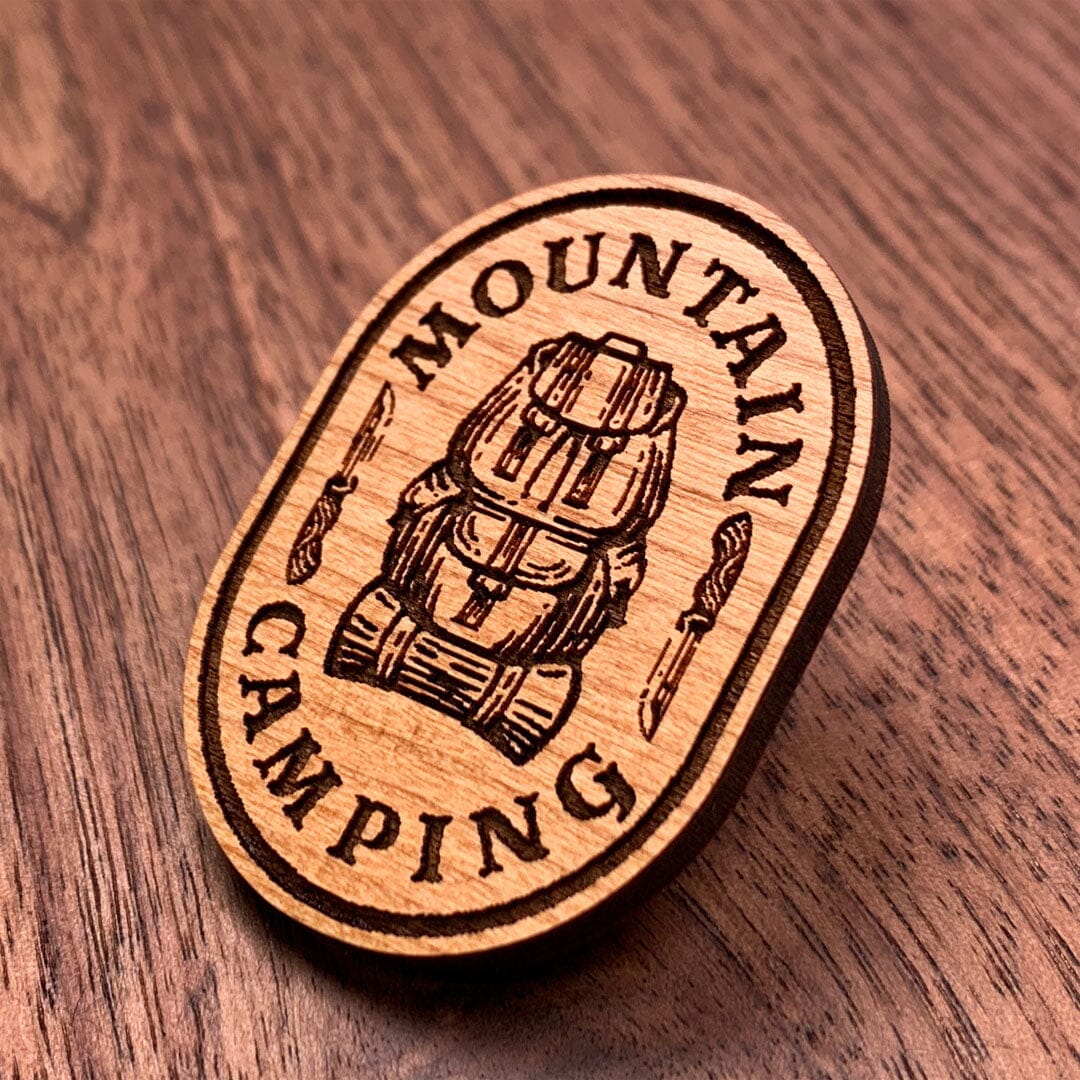 Mountain Camping - Keyway Engraved Wooden Pin in Cherry, Zoomed in View