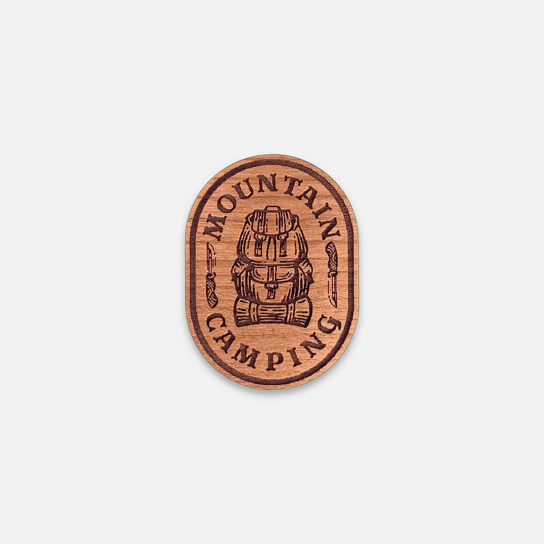 Mountain Camping - Keyway Engraved Wooden Pin in Cherry, Front View