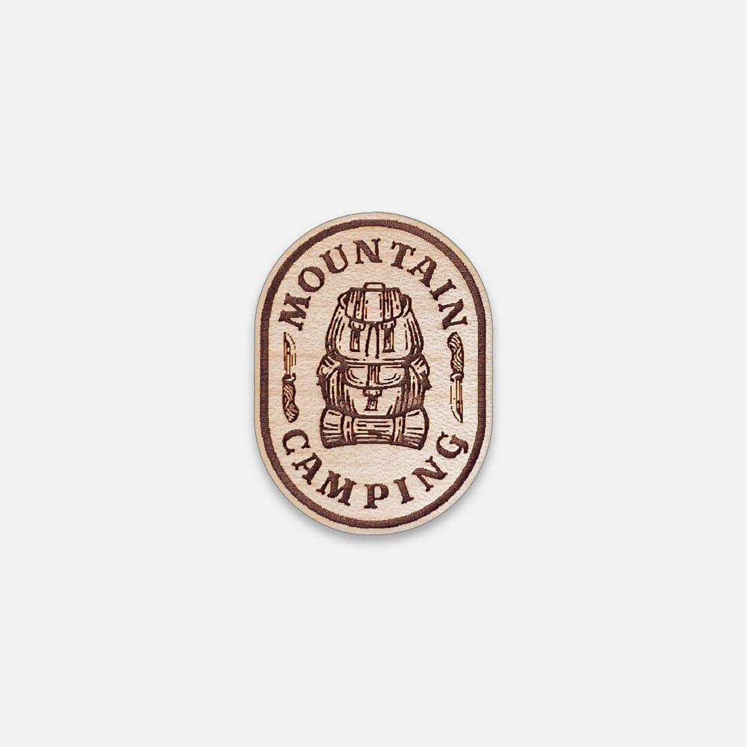 Mountain Camping - Keyway Engraved Wooden Pin in Maple, Front View