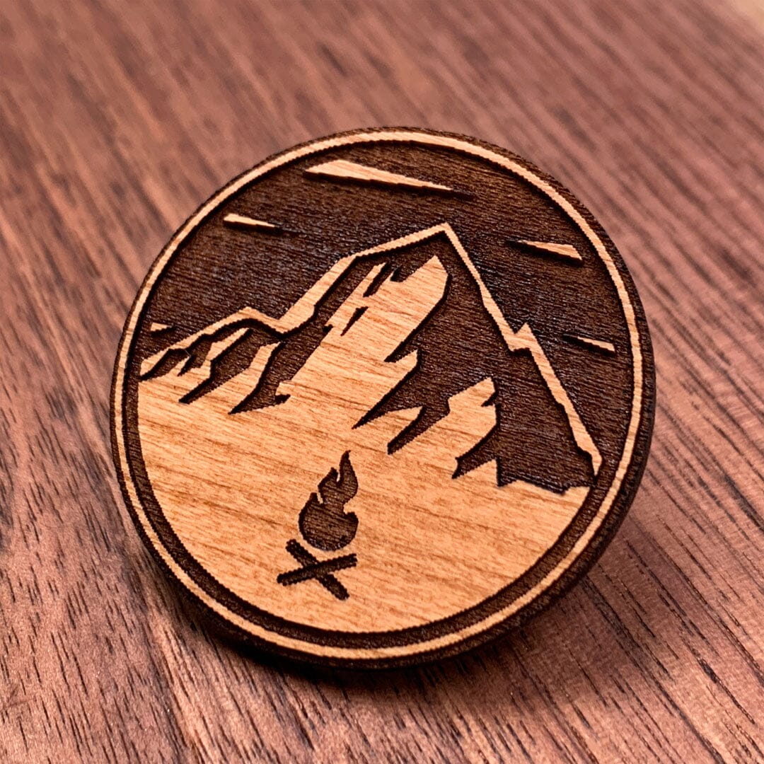 Mountain Bonfire - Keyway Engraved Wooden Pin in Cherry, Zoomed in View