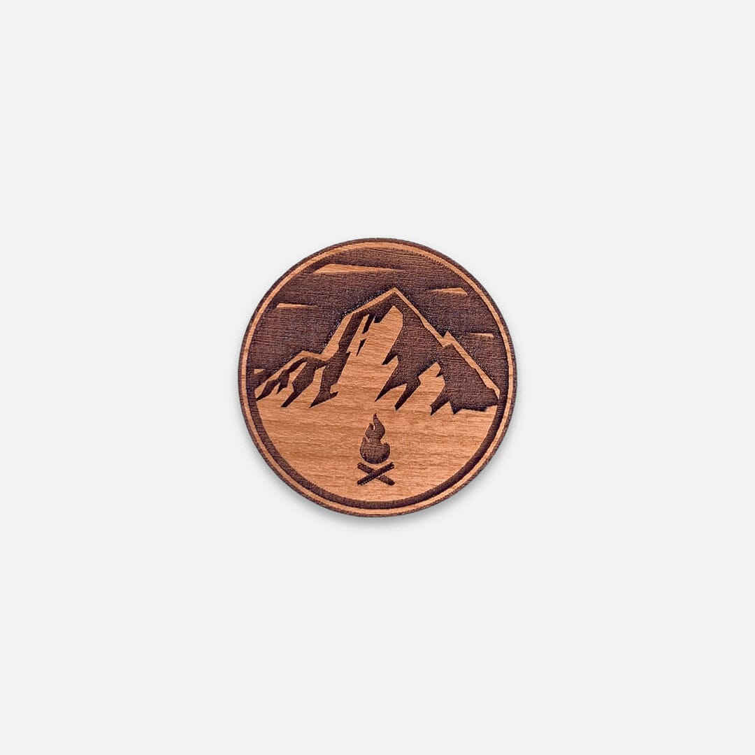 Mountain Bonfire - Keyway Engraved Wooden Pin in Cherry, Front View