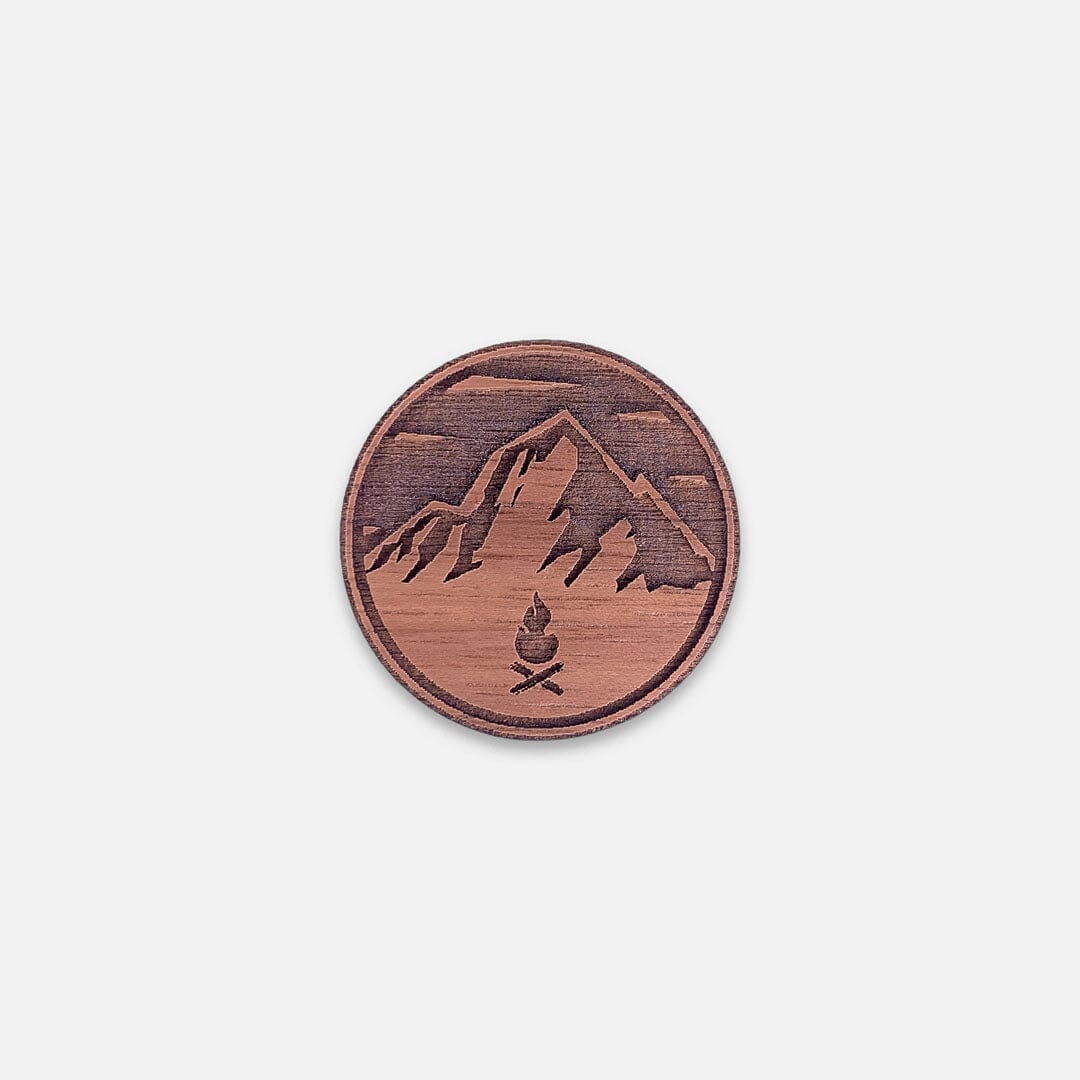 Mountain Bonfire - Keyway Engraved Wooden Pin in Walnut, Front View