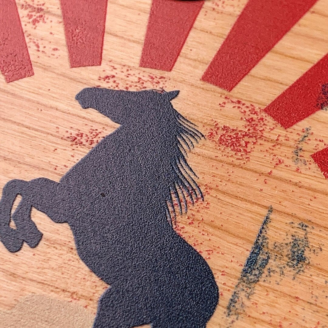 Zoomed in detailed shot of the epic mustang rearing up printed on Cherry wood Galaxy Note 10 Case by Keyway Designs
