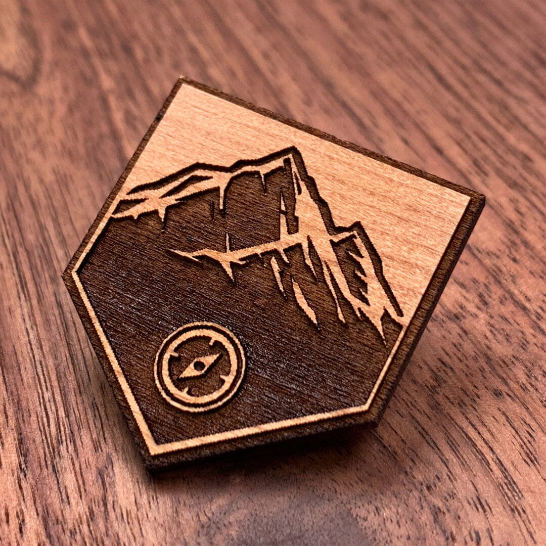 Navigation - Keyway Engraved Wooden Pin in Cherry, Zoomed in View
