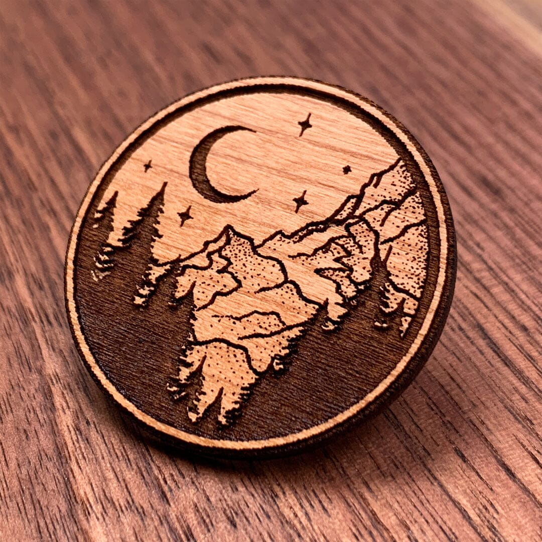 Night Sky - Keyway Engraved Wooden Pin in Cherry, Zoomed in View