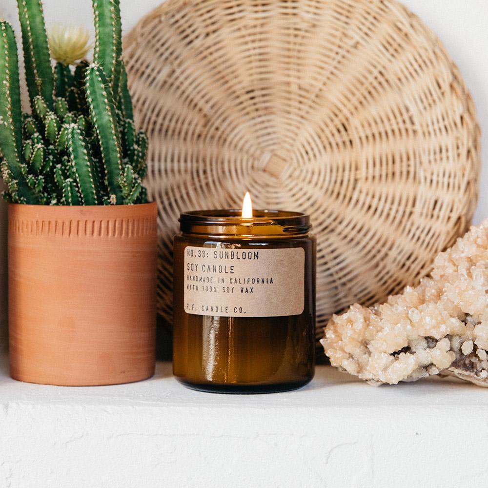P.F. Candle - No.33: Sunbloom Soy Wax Jar Candle Lit WIck