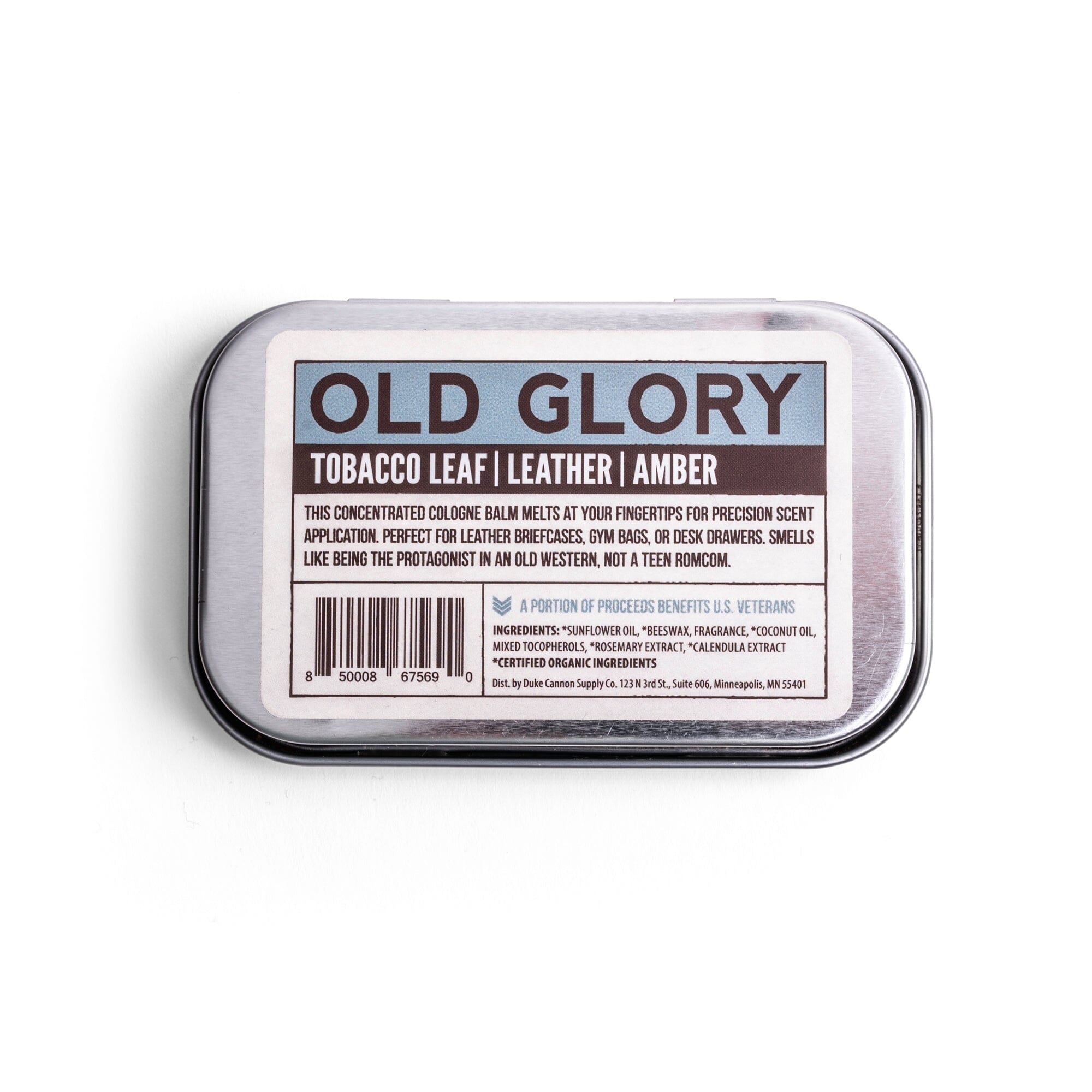 Back Label of Duke Cannon Old Glory Men's Solid Cologne in Metal Tin 1.5oz | Keyway