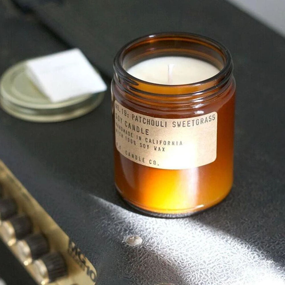 P.F. Candle - No.19: Patchouli Sweetgrass Soy Wax Jar Candle Styled Shot