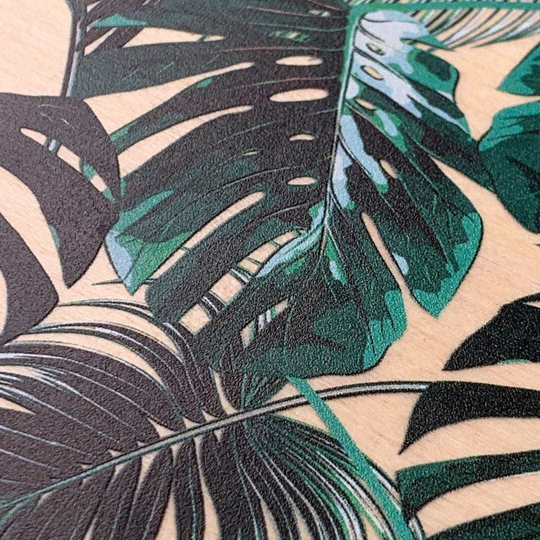 Zoomed in detailed shot of the Palm leaf printed Maple Wood iPhone X Case by Keyway Designs