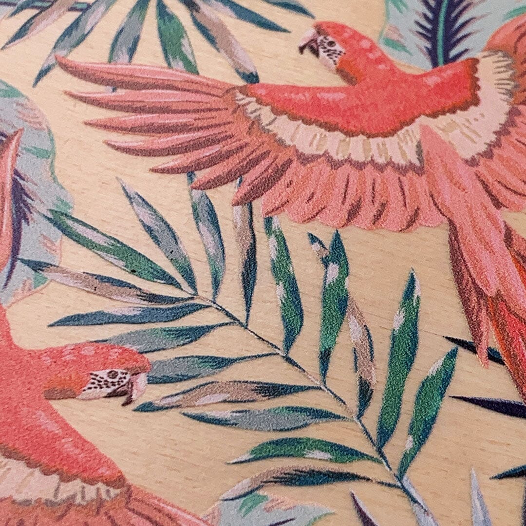 Zoomed in detailed shot of the Paradise Macaw and Tropical Leaf printed Maple Wood iPhone XR Case by Keyway Designs