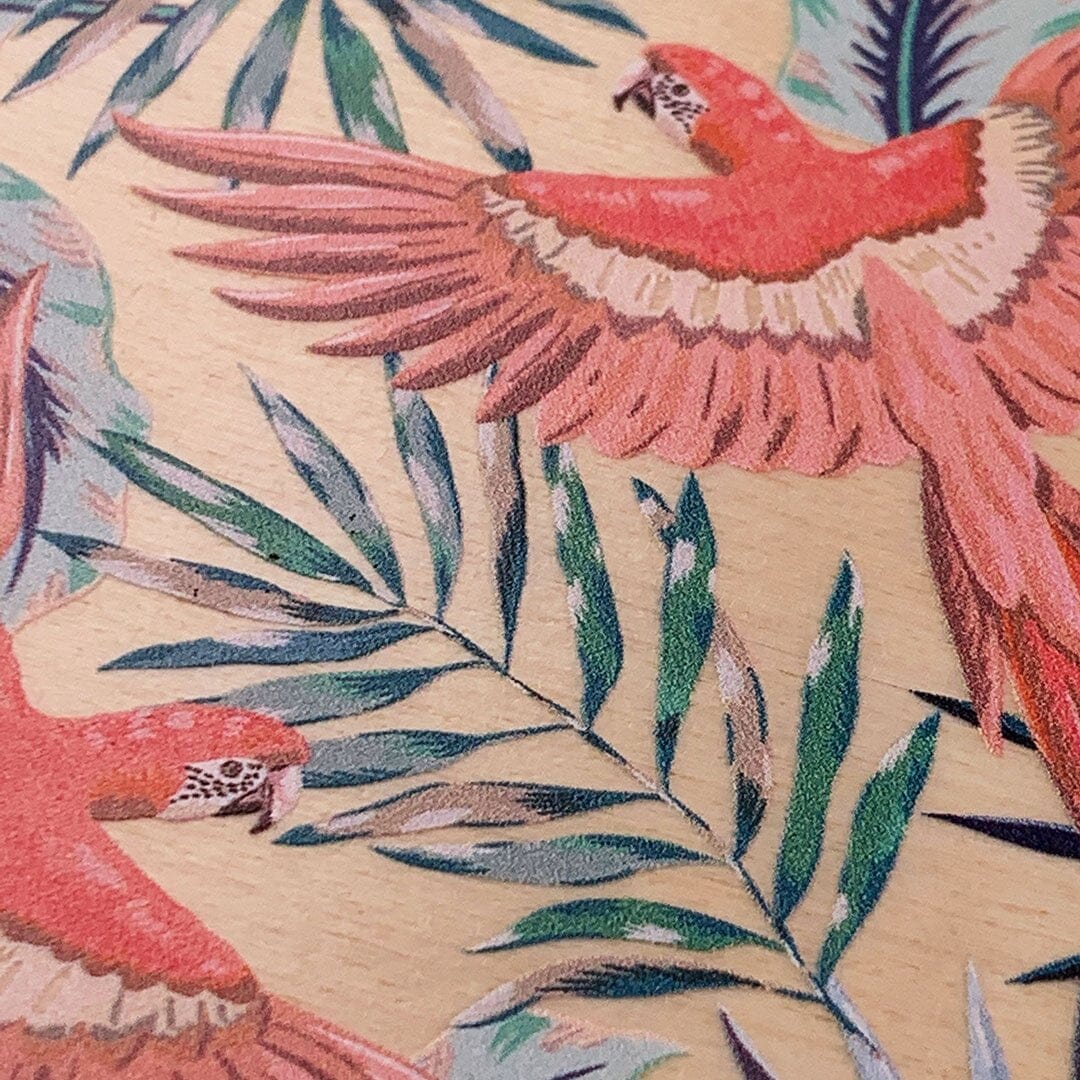 Zoomed in detailed shot of the Paradise Macaw and Tropical Leaf printed Maple Wood iPhone 13 Pro Max Case by Keyway Designs