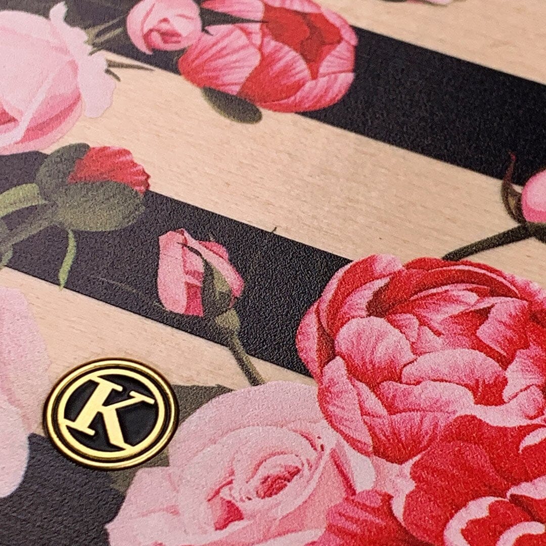 Zoomed in detailed shot of the artsy print of stripes with peonys and roses on Maple wood Galaxy Note 10 Case by Keyway Designs