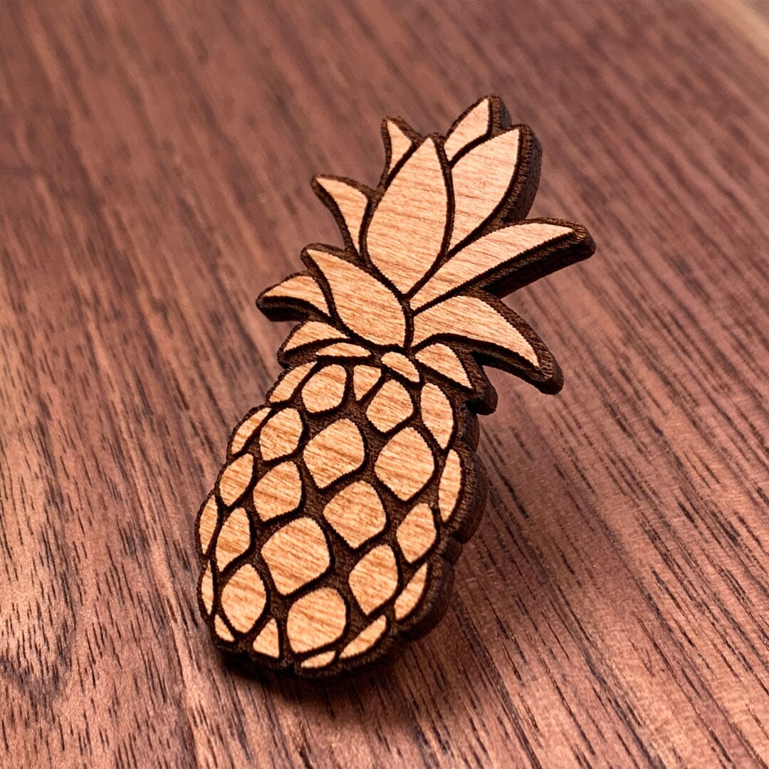 Pineapple - Keyway Engraved Wooden Pin in Cherry, Zoomed in View