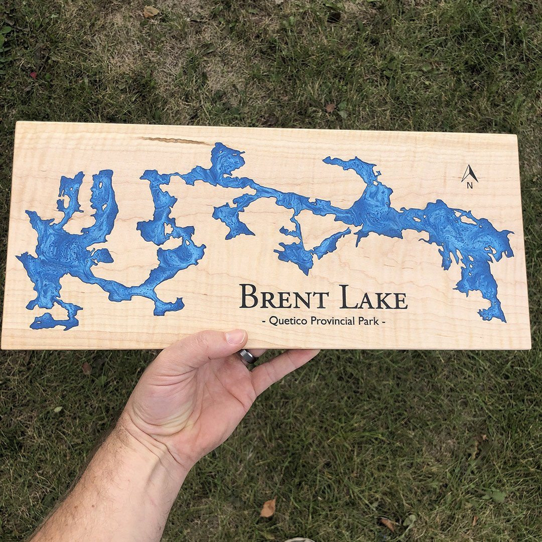 Brent Lake on Maple Custom Engraved Epoxy Lake Art by Keyway Designs