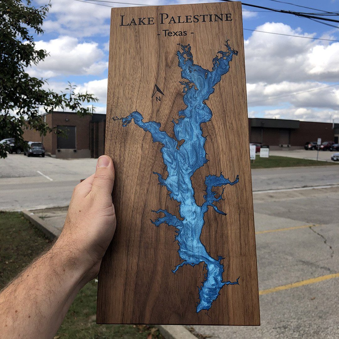 Lake Palestine on Walnut with Blue Epoxy on a custom lake art by Keyway Designs