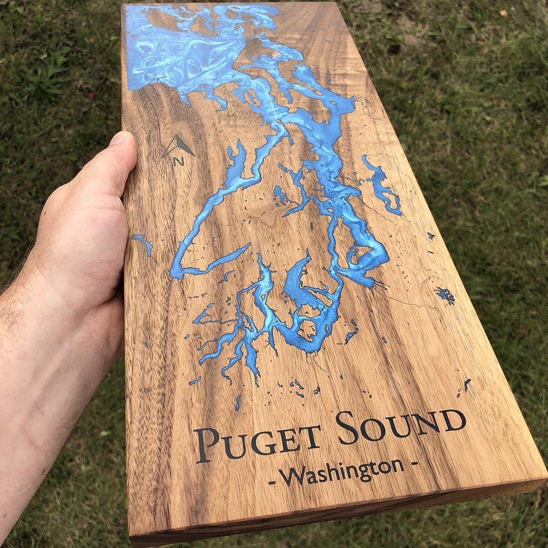 Custom Lake Sign engraved by Keyway Designs on Walnut with Blue Epoxy