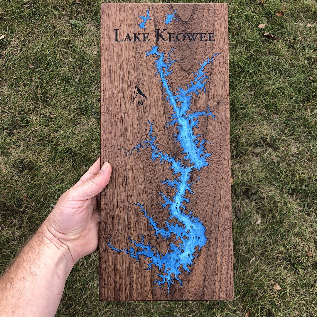 Custom Keyway Engraved Epoxy Lake Board on Walnut featuring Lake Keowee