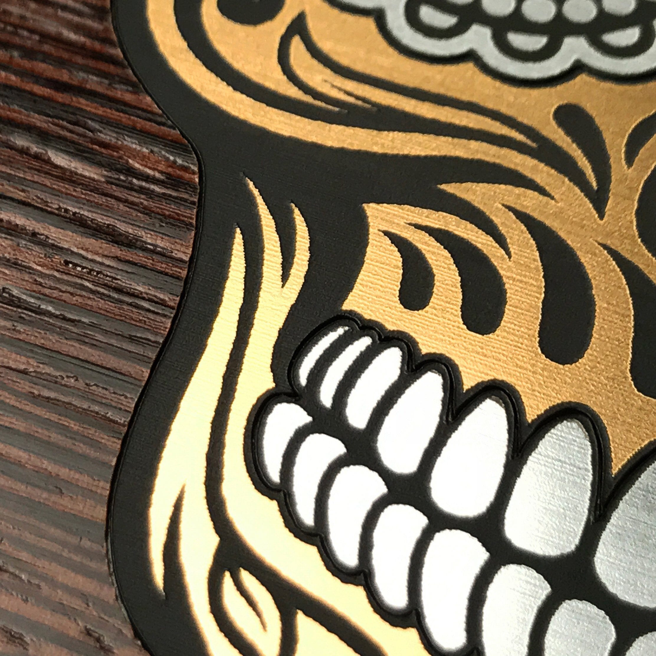 Zoomed in detailed shot of the Calavera Wood Sugar Skull Wood Galaxy S24 Ultra Case by Keyway Designs