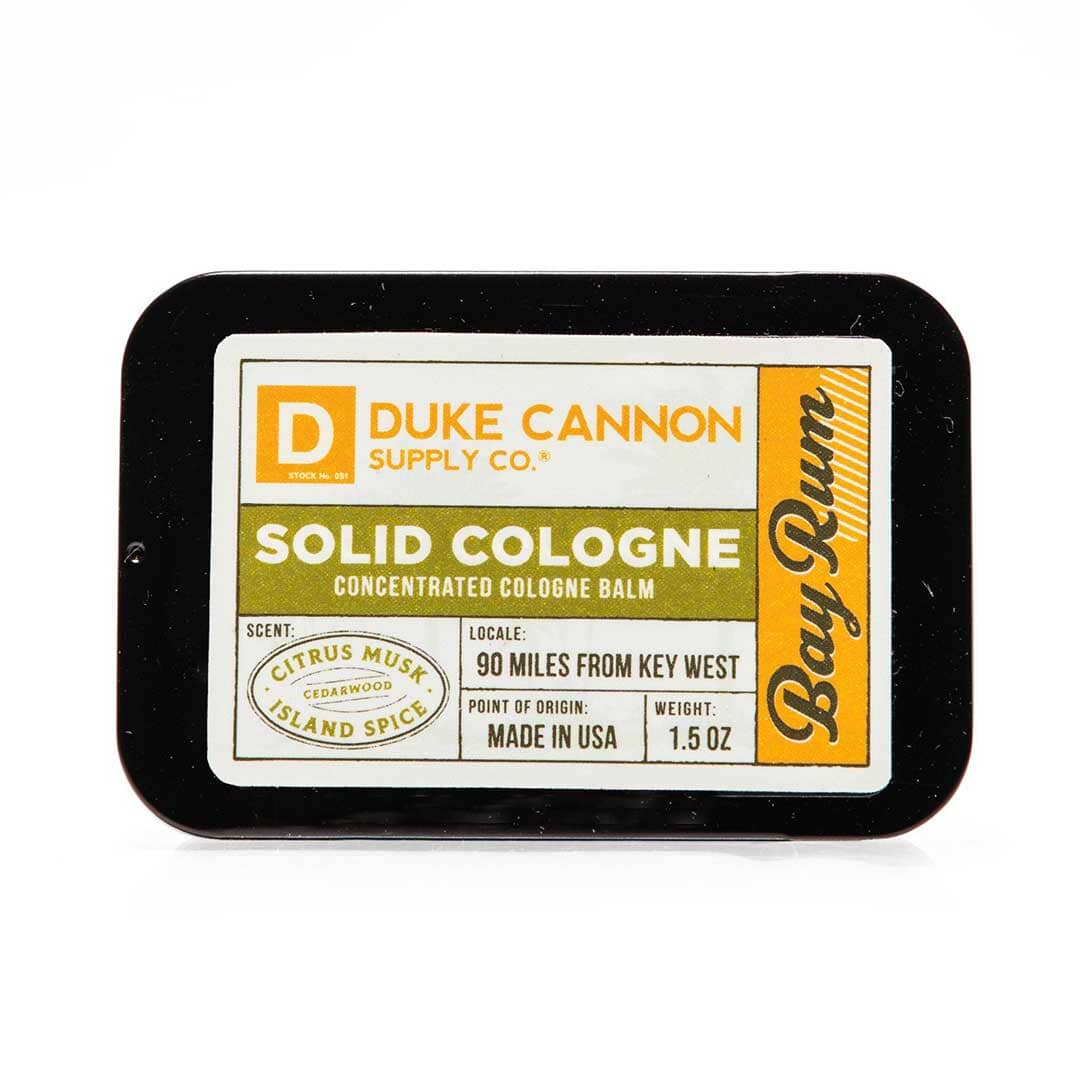Top Label of Duke Cannon Bay Rum Men's Solid Cologne in Metal Tin 1.5oz | Keyway