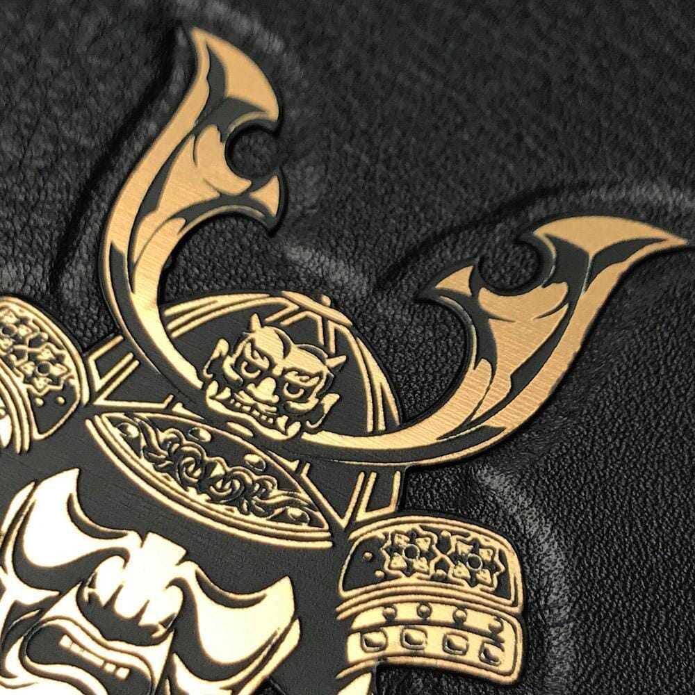 Zoomed in detailed shot of the Samurai Black Leather iPhone 15 MagSafe Case by Keyway Designs