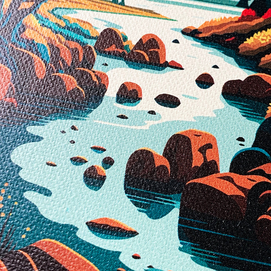 Zoomed in detailed shot of the stylized calm river flowing towards a lake at the base of the mountains printed to cotton canvas iPhone 11 Pro Case by Keyway Designs