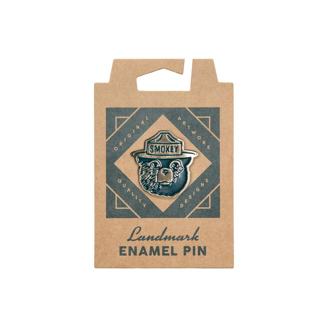 Smokey Bear Enamel Pin by The Landmark Project, Front Packaging View