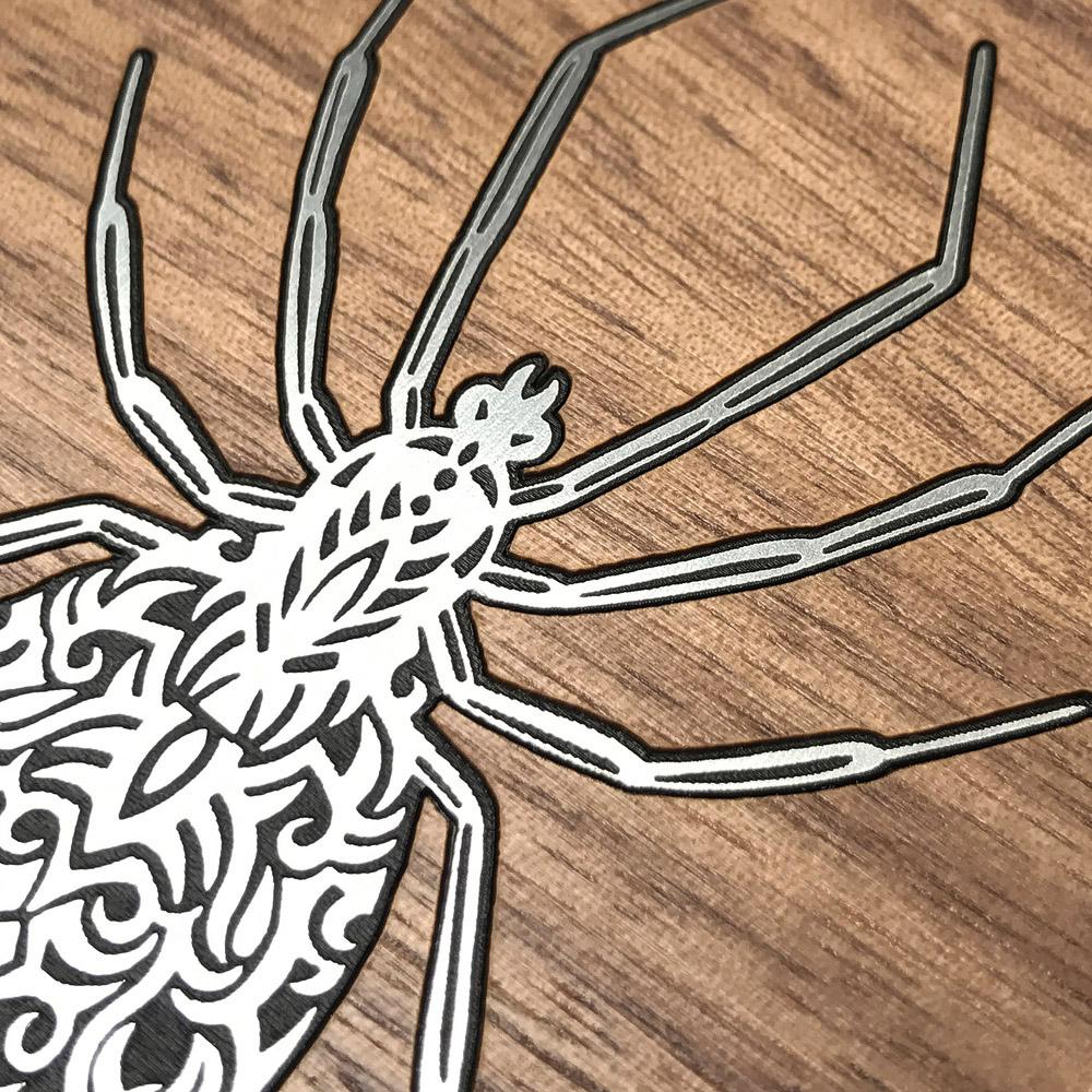 Zoomed in detailed shot of the Spider by Pavneet Sembhi Silver Walnut Wood iPhone 6 Plus Case by Keyway Designs