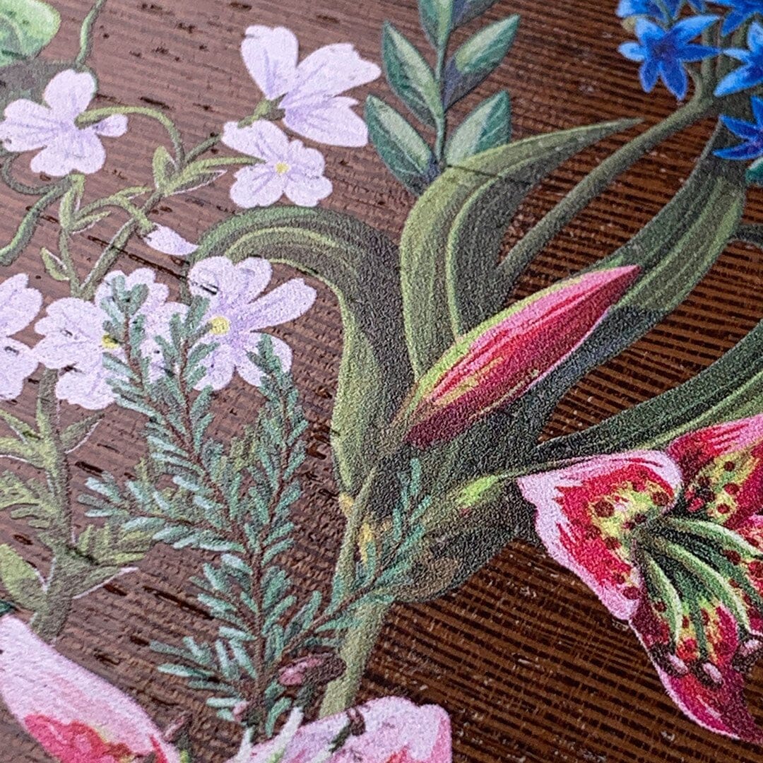 Zoomed in detailed shot of the Stargazer Lily printed Wenge Wood Galaxy S23+ Case by Keyway Designs