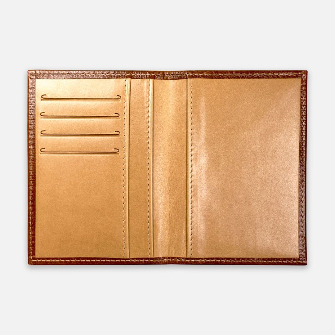 Keyway Full-grain Leather Passport Wallet, Whiskey, flat open view