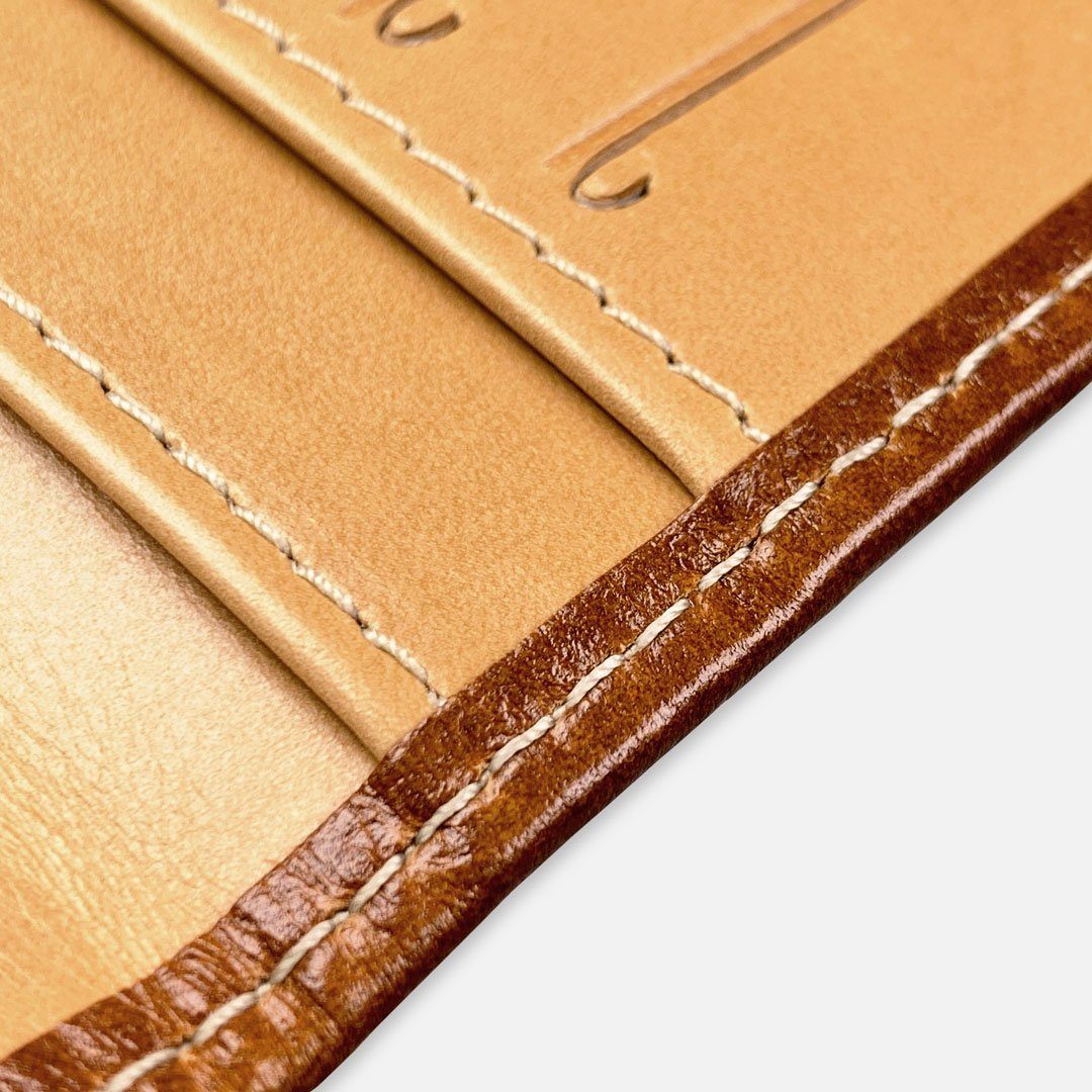 Keyway Full-grain Leather Passport Wallet, Whiskey, detailed view of stitching
