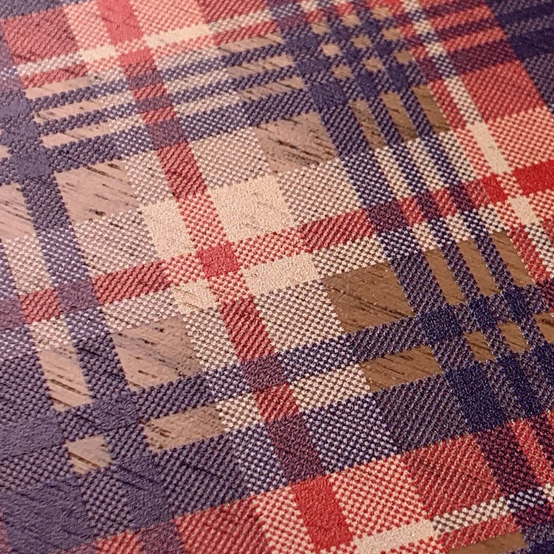 Zoomed in detailed shot of the Tartan print of beige, blue, and red on Walnut wood iPhone 14 Plus MagSafe Case by Keyway Designs