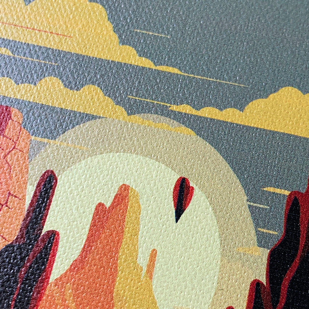 Zoomed in detailed shot of the stylized thin river cutting deep through a canyon sunset printed on cotton canvas iPhone 15 MagSafe Case by Keyway Designs