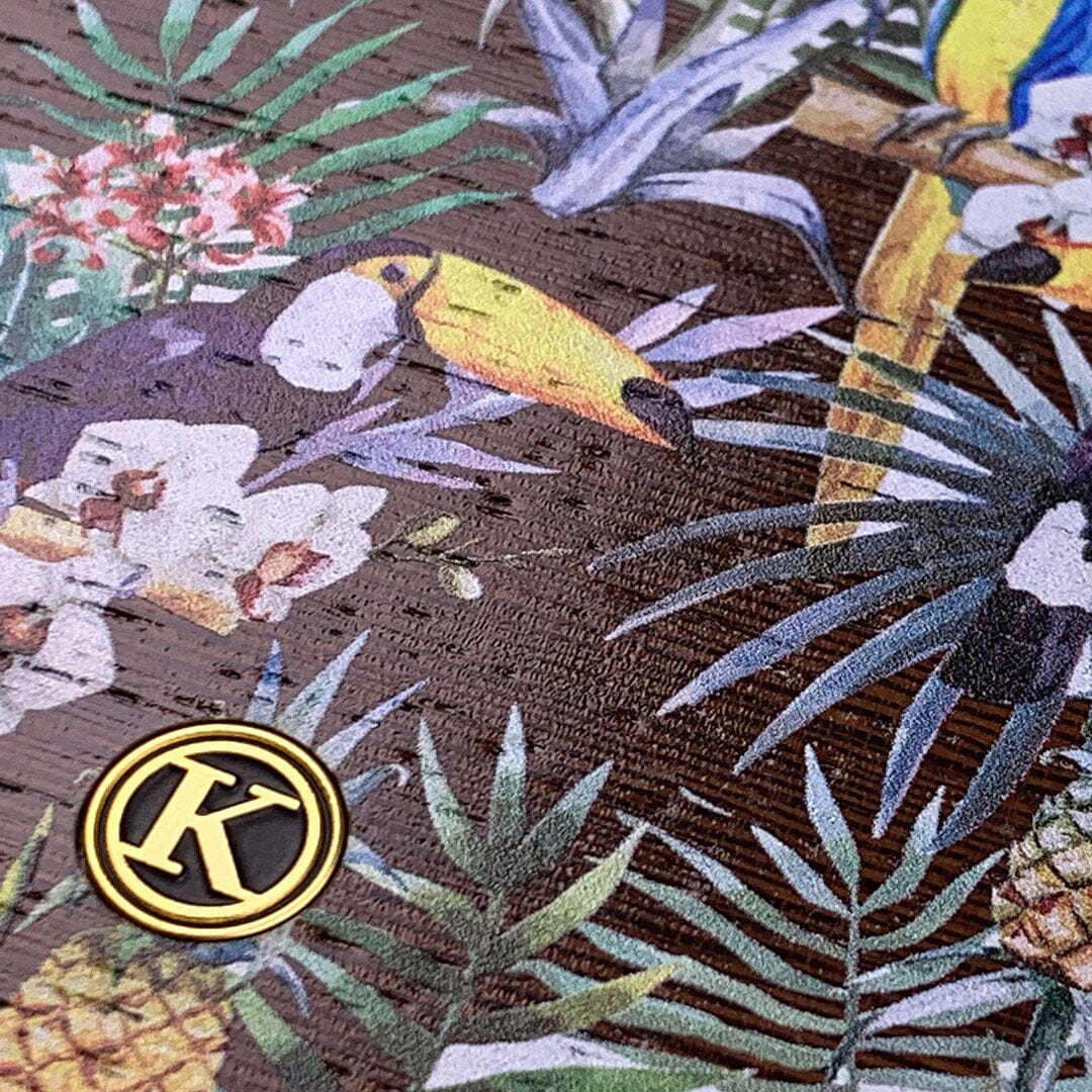 Zoomed in detailed shot of the Tropic Toucan and leaf printed Wenge Wood iPhone XR Case by Keyway Designs