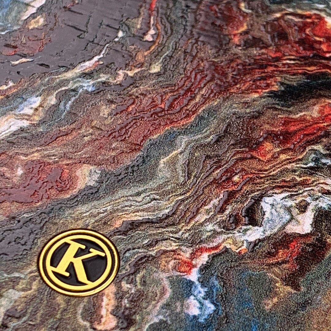 Zoomed in detailed shot of the vibrant and rich Red & Green flowing marble pattern printed Wenge Wood Galaxy S10 Case by Keyway Designs