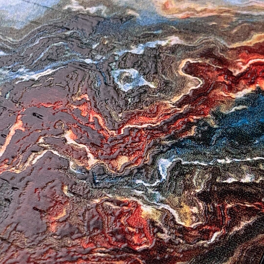 Zoomed in detailed shot of the vibrant and rich Red & Green flowing marble pattern printed Wenge Wood iPhone 12/12 Pro Case by Keyway Designs