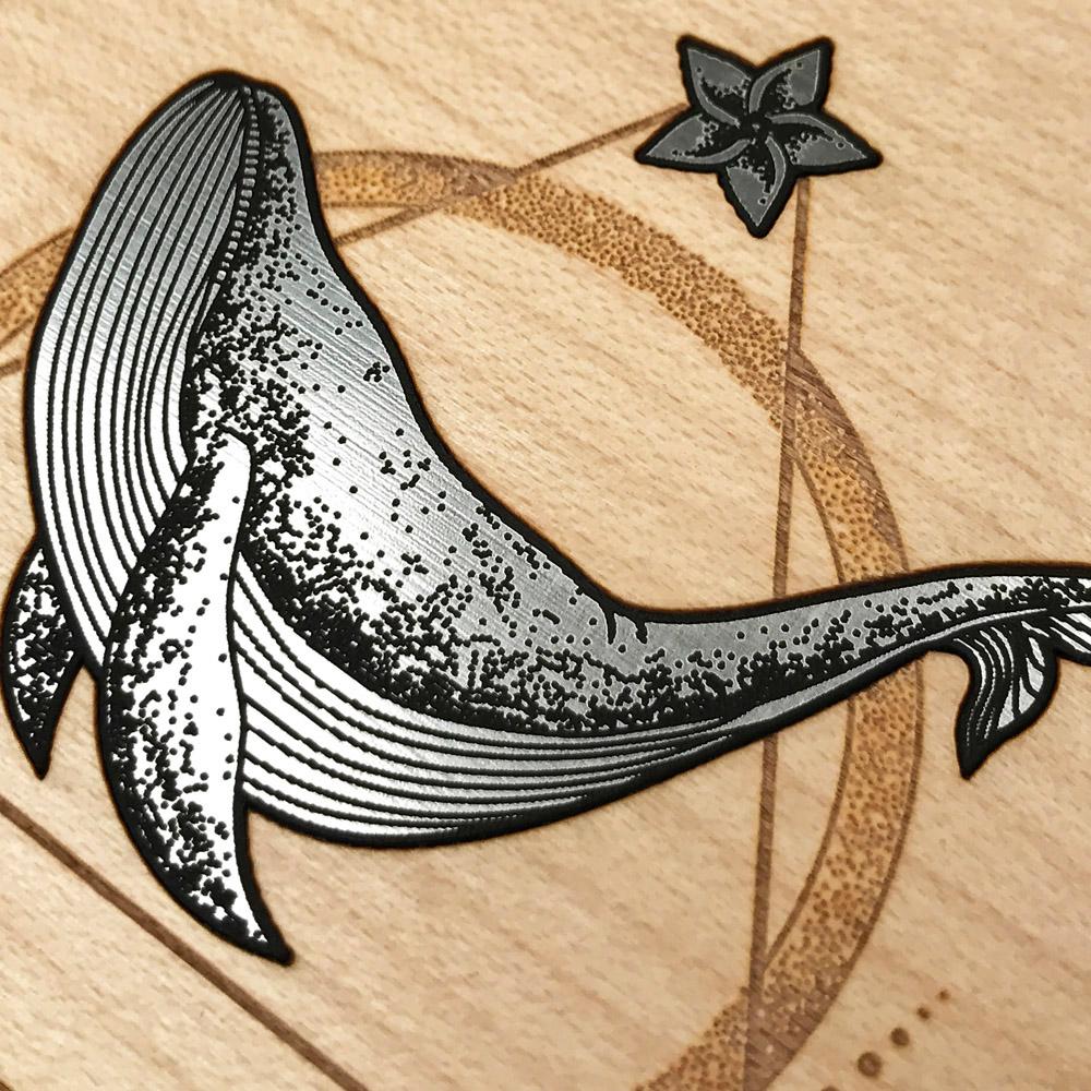 Zoomed in detailed shot of the Whale Song by Ksenia Zubareva Silver & Maple Wood iPhone 6 Plus Case by Keyway Designs