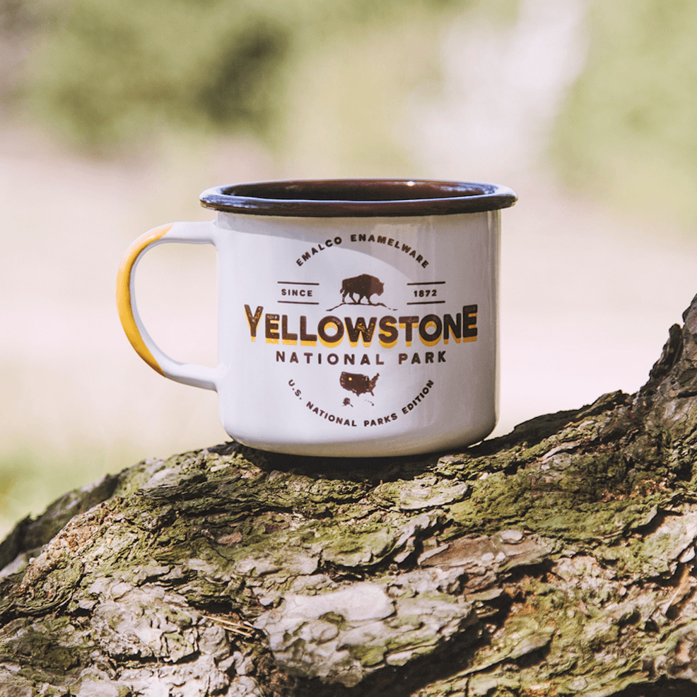 KEYWAY | Emalco - Yellowstone Large Enamel Mug, Handcrafted by Artisans in Poland, Outdoor Stacked Group Shot